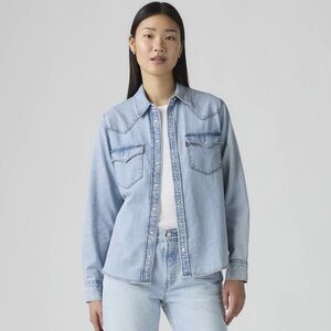 Levi Western Cowgirl Rodeo Denim Jean Shirt Shacket Jacket Top Blouse Pearl Snap